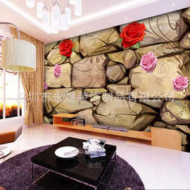 手绘文化石纹3D壁画沙发电视背景墙壁纸客厅玫瑰花影视墙定制墙布