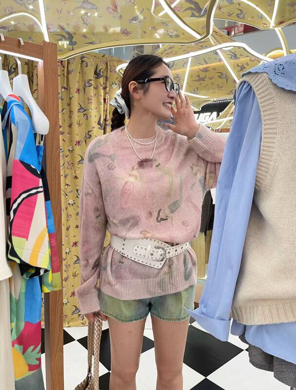 25南油新款秋冬甜美温柔风宽松百搭印花软糯针织衫女|undefined