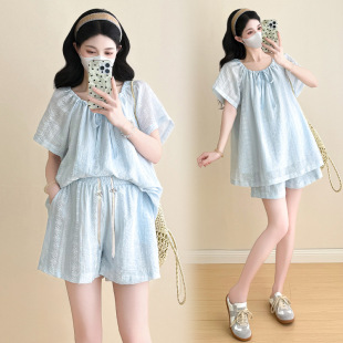 Ready-Made Maternity Suit Blue Babydoll Shorts 2-Piece Set for Women Summer Age-Reducing Atmosphere Maternity Suit