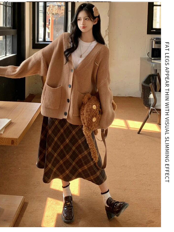 复古咖色格子中长款半身裙女秋冬季新款美拉德小个子a字毛呢伞裙|undefined