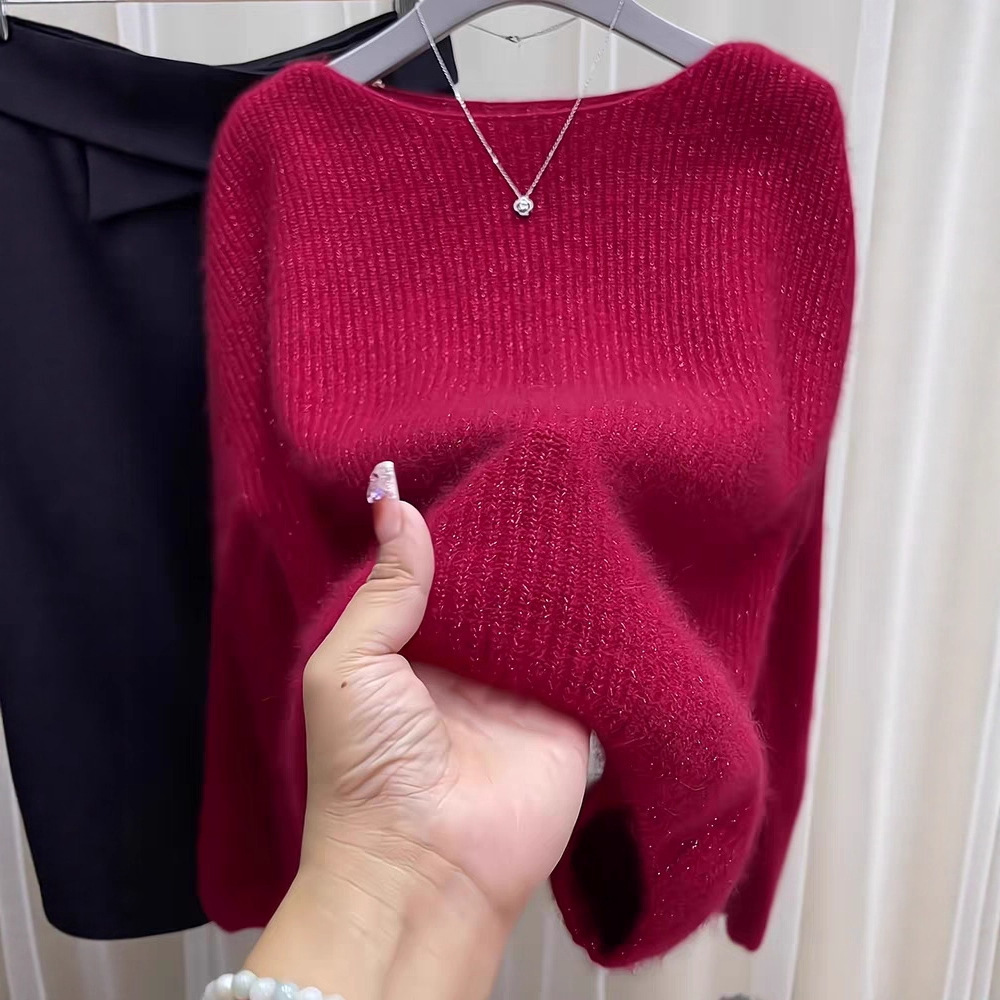女士毛线衫秋冬穿搭新款套头红色针织上衣爆款宽松显瘦设计感毛衣