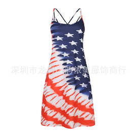 亚马逊独立站ebay 跨境欧美速卖通女士大V吊带印花宽松连衣裙