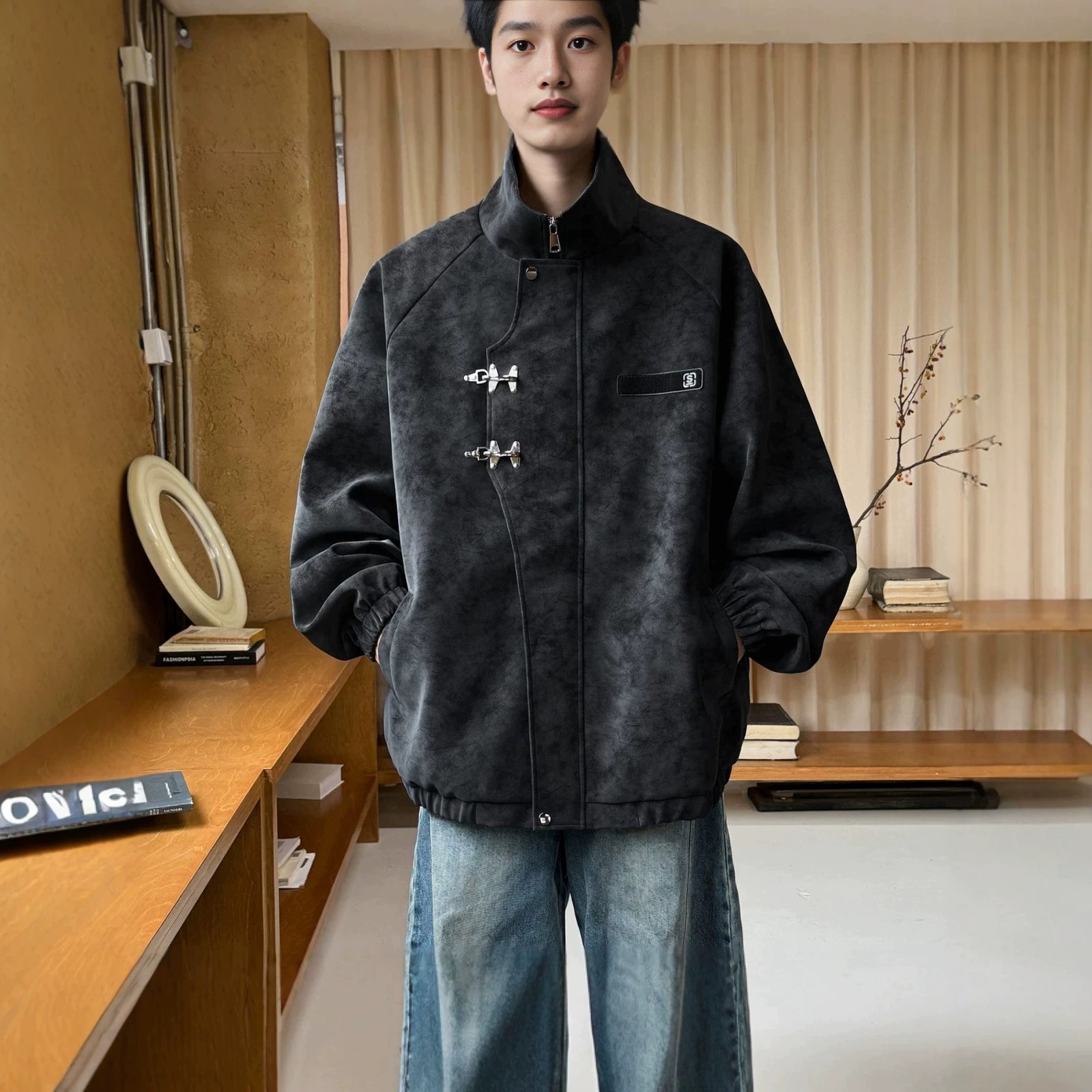 潮流飞机扣PU皮夹克美式男立领外套春秋季时尚衣高街复古上衣痞帅