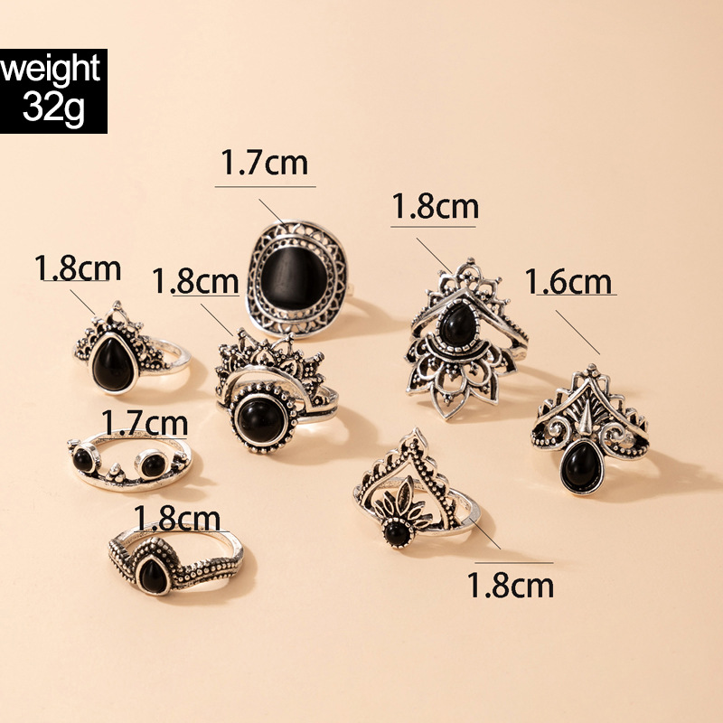 32g Weight Alloy Material Geometric Pattern Retro Jewelry Black Drip Ring Set Geometric Irregular Hollow Ring Eight-piece Set
