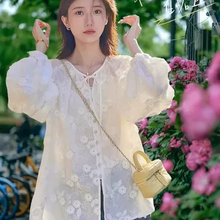立体绣花绑带白衬衫女设计感衬衣高级感法式独特别致小衫上衣