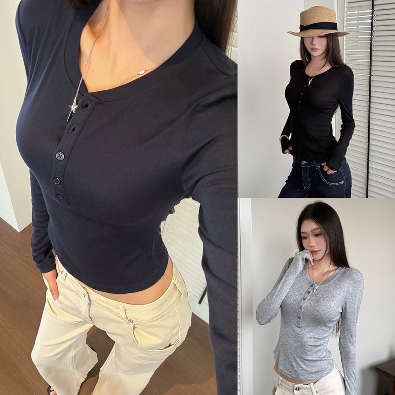 【Merino Wool Tencel】Korean-style slim-fit long-sleeve henley shirt, American-style spring and autumn t-shirt top, base shirt