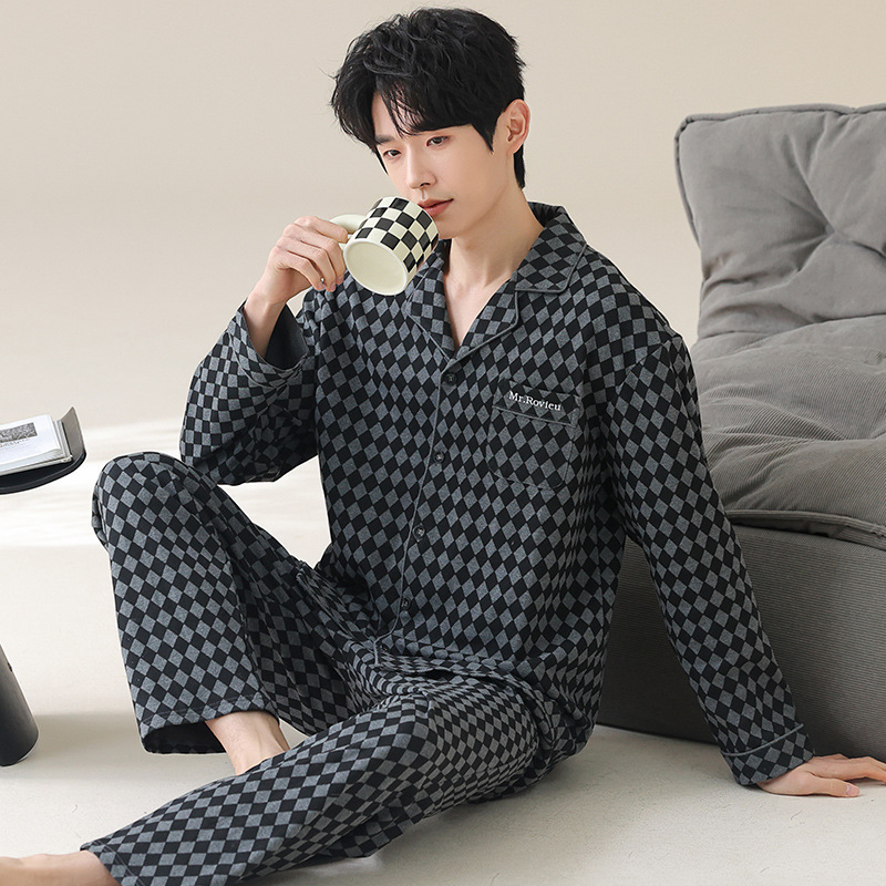 5A Antibacterial Youth Long-Sleeved Pajamas for Men, Pure Cotton, Spring and Autumn Style, 2025 New Model, Men's Large Size, Can Be Worn Outside