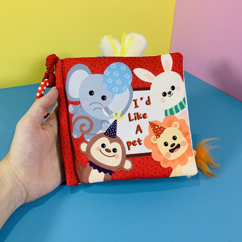 New red and black scenario baby cloth book, baby cartoon animals, five-page cloth book with BB device