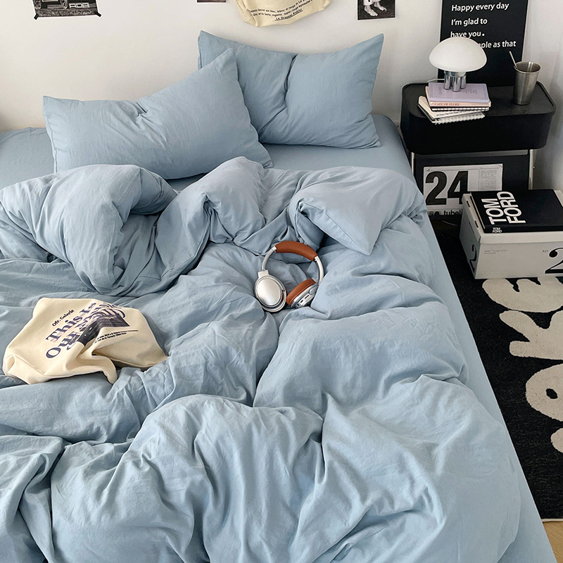 Washed Cotton Solid Color Four-Piece Set for Student Dormitory, Single or Three-Piece Set, Double Quilt Cover, Fitted Sheet, Nantong Bedding