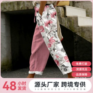 2026新款独立站跨境TK欧美热销大码女士3D数码印花简约卷边休闲裤