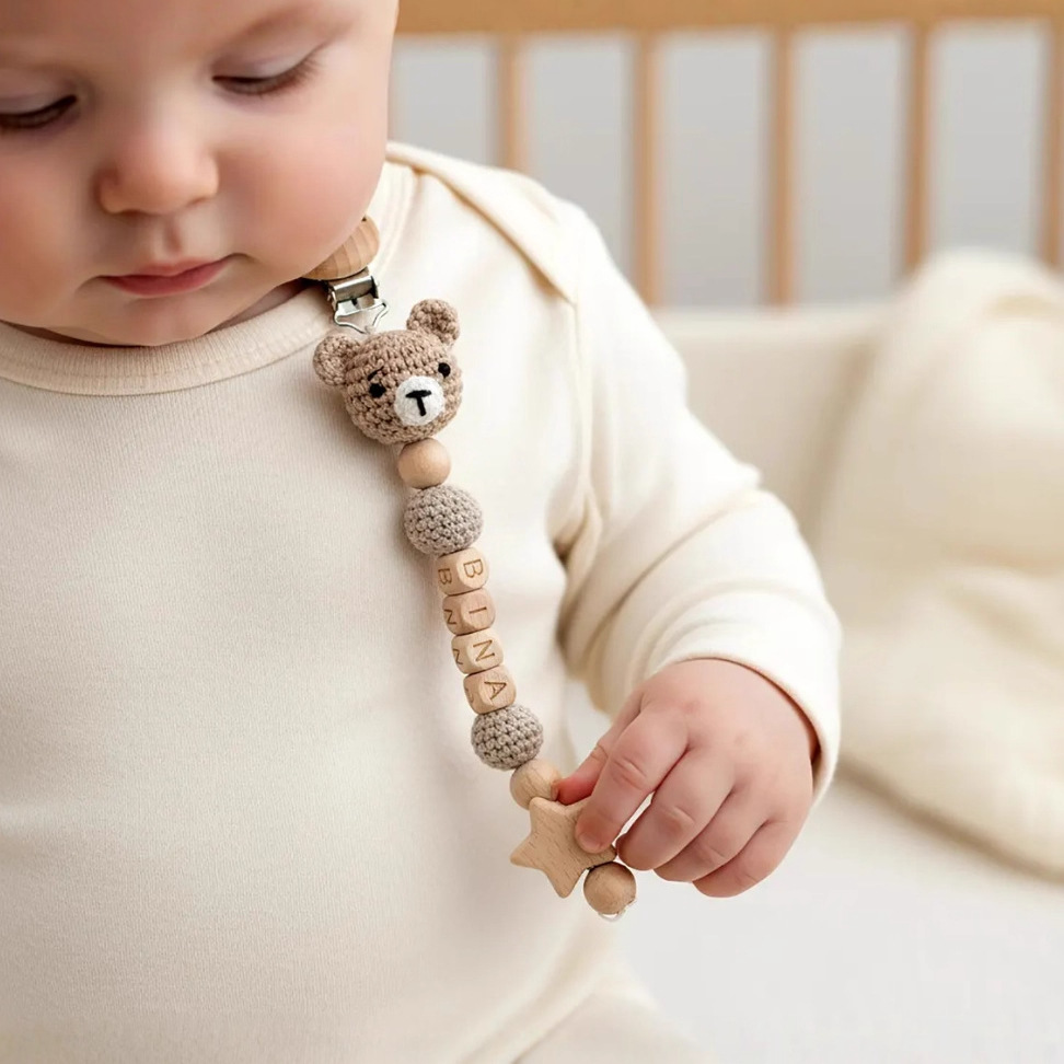 Clips de tetina de crochet personalizados con nombre - regalos hechos a mano de cadenas de tetina de bebé calmante personalizados