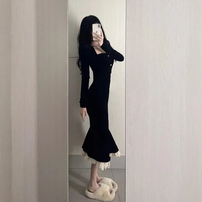 法式方领黑色鱼尾连衣裙女冬季复古温柔修身丝绒包臀裙气质长裙子|undefined