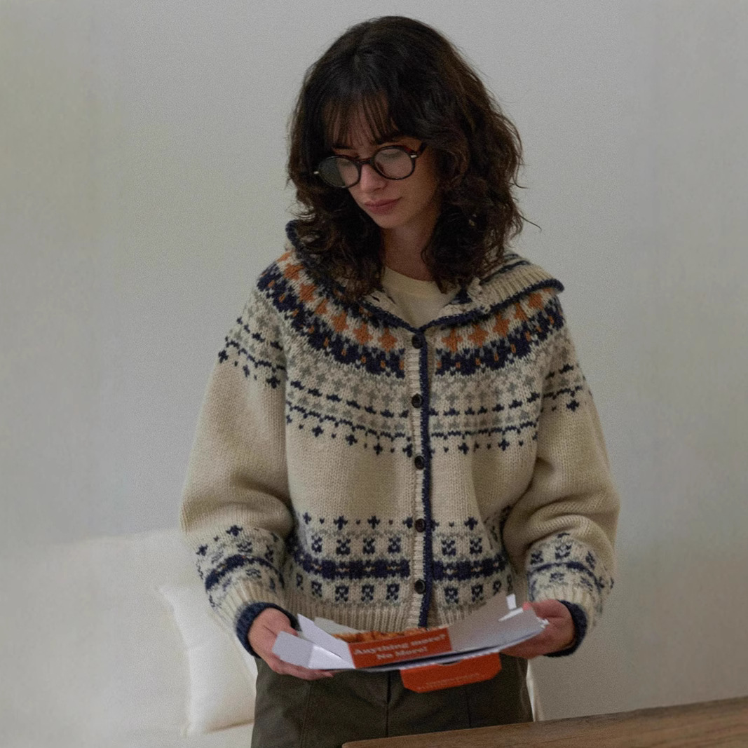 이제 2024 가을과 겨울 복고풍 자카드 페어 섬 분위기로 URAGO 한국 후드 니트 카디건 여성