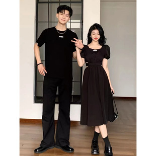 Couple's Summer Outfit: One Dress and One Skirt, French Hepburn Style, Slimming Black Dress, Super Popular Niche Short-Sleeve Trend