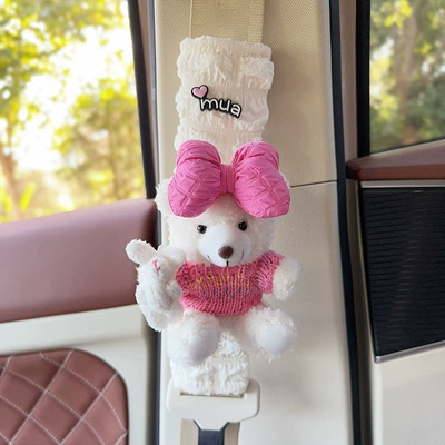 Seat belt shoulder pad: Belt Cover Car Interior Decoration - white-bear-holding-bunny-pink-sweater-one-puff-plaid-shoulder-guard