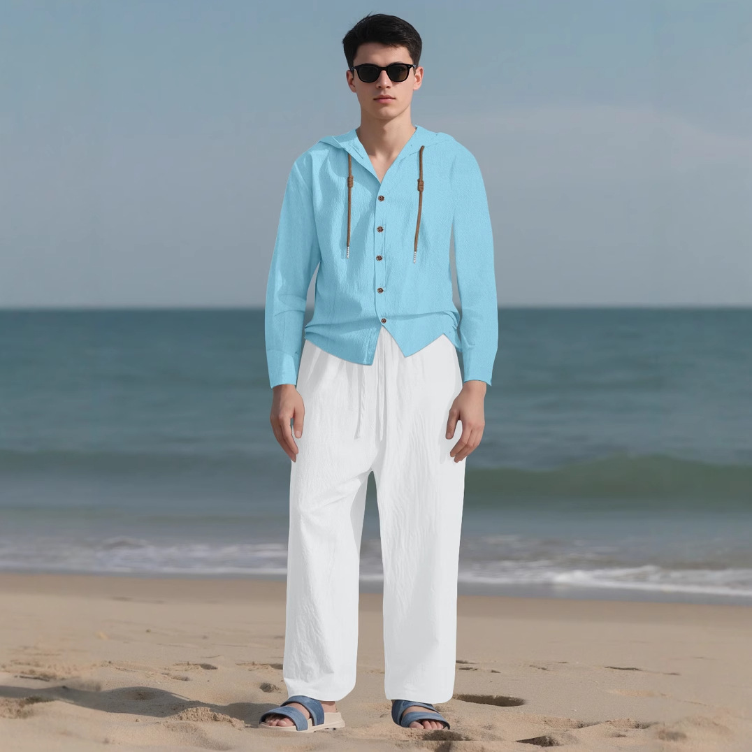 Camisa casual de manga larga de color sólido para hombres europeos y americanos transfronterizos Cárdigan de algodón y lino con cordón con capucha Traje de pantalones de algodón y lino sueltos