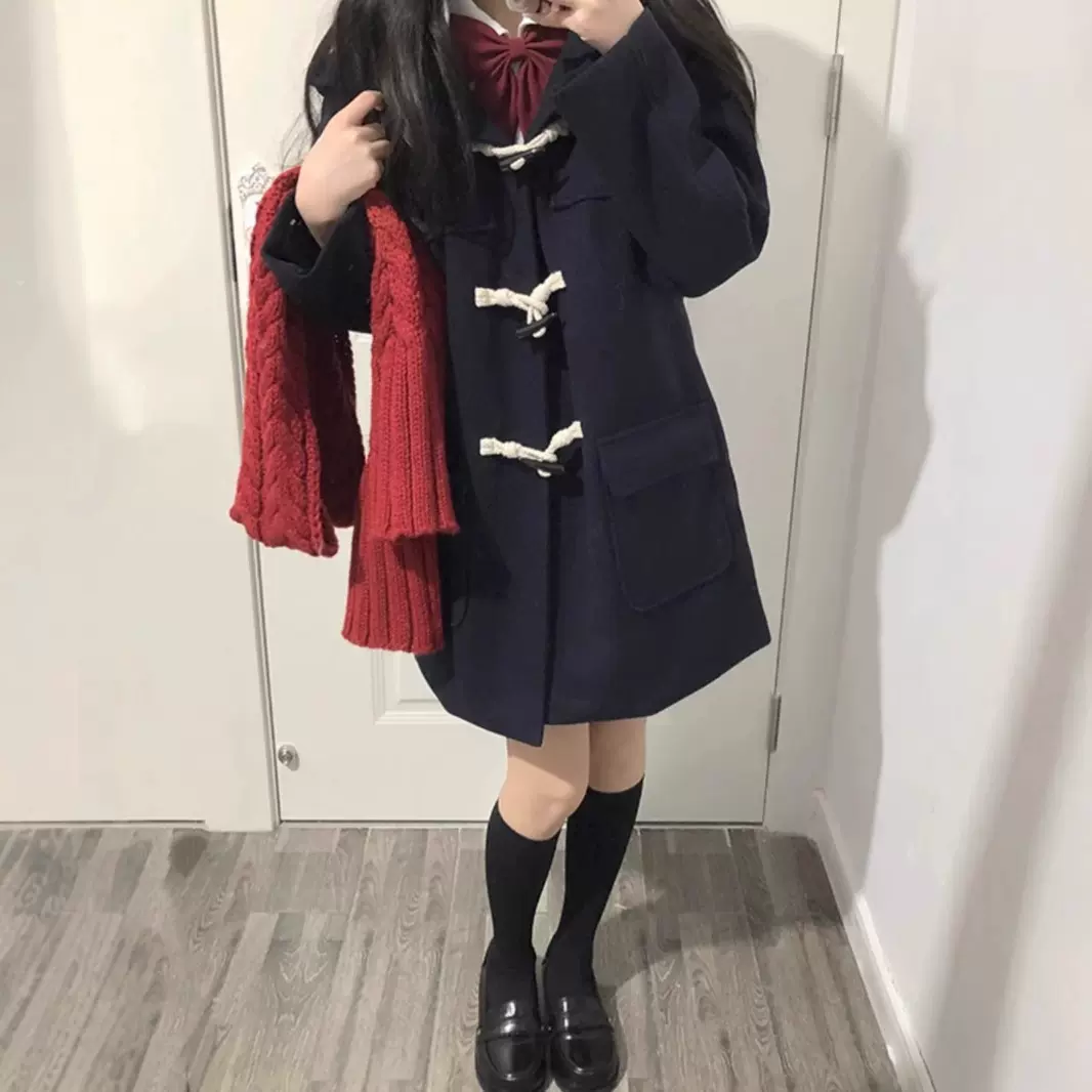 JK制服校供感牛角扣大衣秋冬季日系学院风小个子毛呢外套夹棉加厚