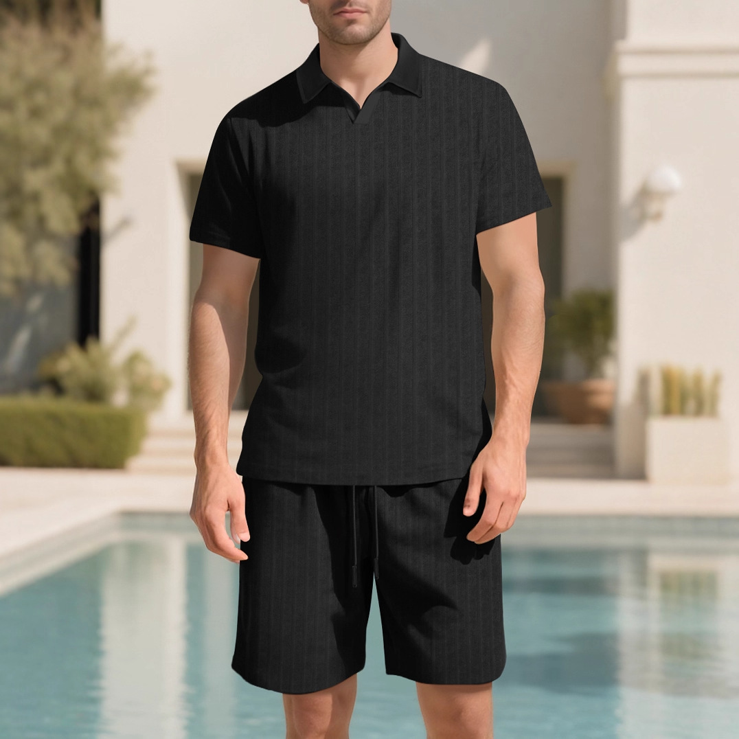 25 pantalones cortos de manga corta con textura europea y americana transfronteriza para hombres, deportes de ocio de verano, estilo de dinero viejo, camisa POLO de solapa