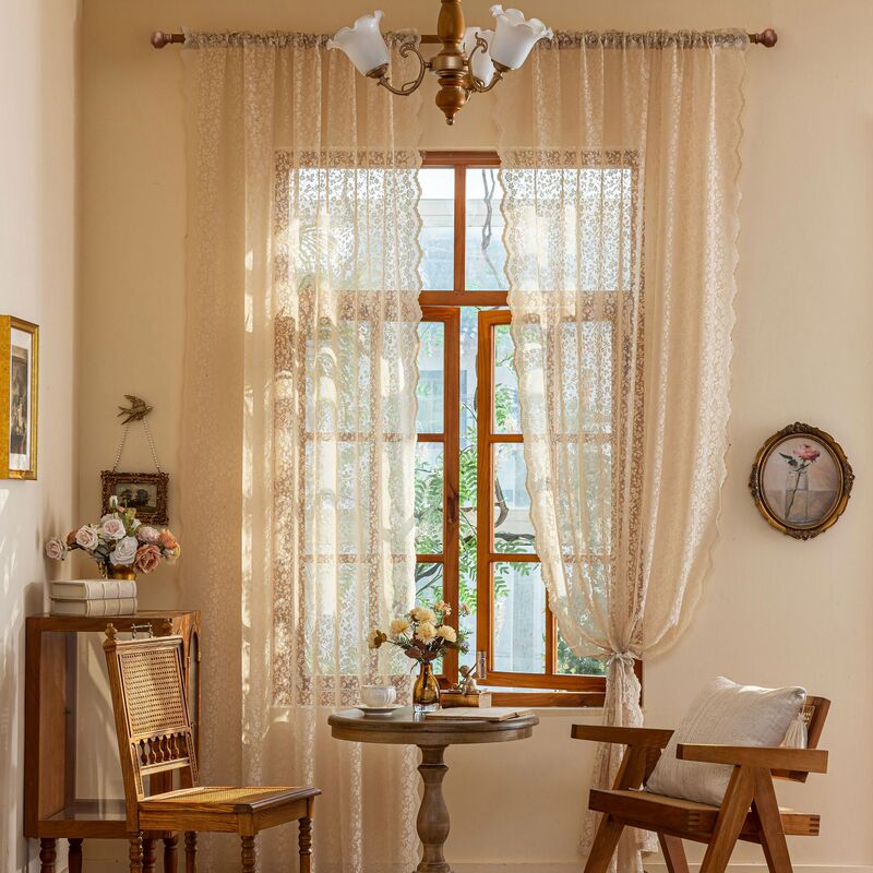 New Amazon Cross-Border E-Commerce Translucent Floral Lace Wave Lace Rod-Mounted Finished Sheer Curtain for Living Room and Balcony