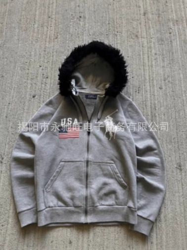 外贸厂家直销美式水洗个性长袖连帽卫衣日系潮流高级感毛领外套男|undefined