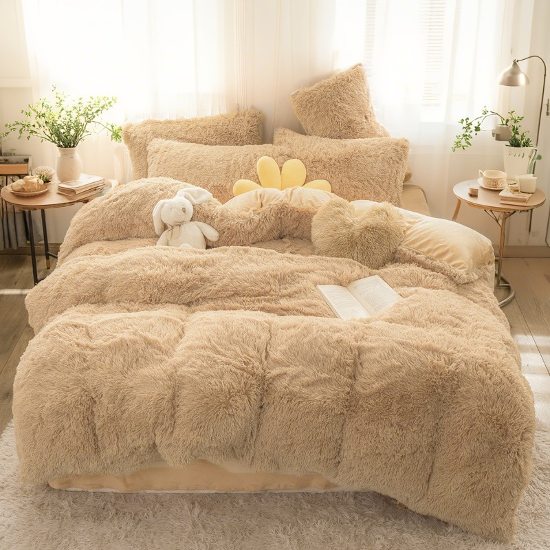 Sábana de cuatro piezas para cama de terciopelo de visón grueso, funda de edredón de felpa cálida de invierno, juego de cuatro piezas de terciopelo de cristal de color sólido