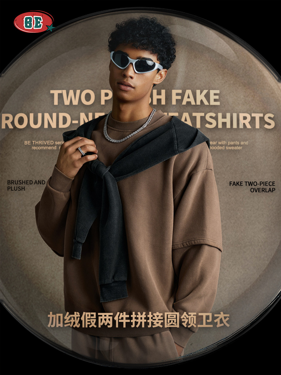 BE ropa de hombre | Sudadera para hombre con forro polar, cuello redondo, estilo europeo y americano, de marca de moda para comercio exterior, con lavado y efecto desgastado, diseño de patchwork de dos piezas falsas y estampado de copos de nieve.