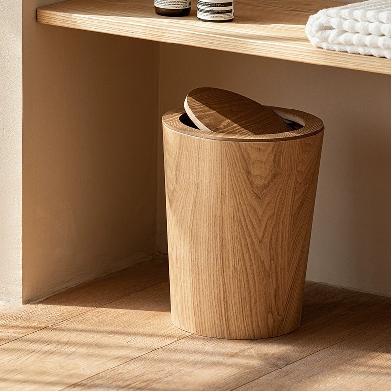 10L Japanese Style Simple Wooden Barrel Creative Home Hotel Living Room Bedroom with Lid Flip Trash Bin