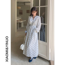 【欧凡】浪漫氛围碎花连衣裙女2024秋季新款扣绳收腰V领长裙2056