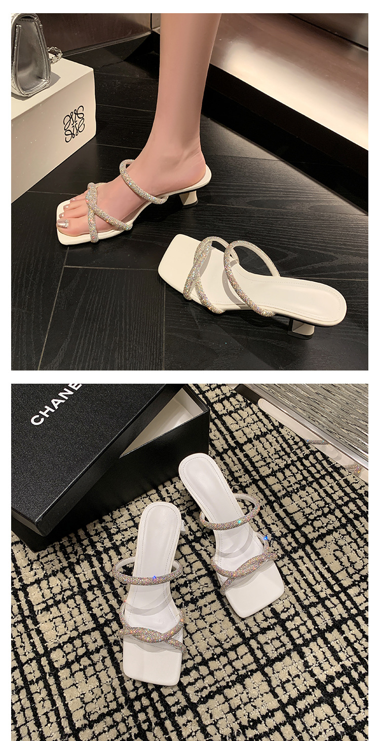 Dép sandal cao gót nữ quai mảnh đính đá mũi vuông gót dày 9 cm — đen, màu hồng, trắng chi tiết 12