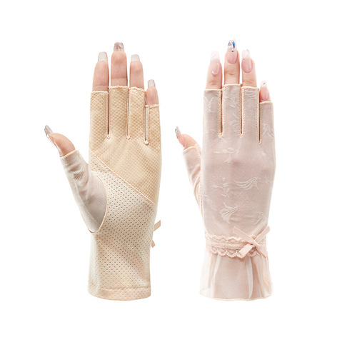 Half-finger gloves for women, ultra-thin ice silk stretch lace leaky finger driving and riding non-slip sun protection half-finger gloves