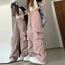 美式多巴胺时尚工装裤女夏季薄款直筒显瘦阔腿裤宽松休闲长裤潮