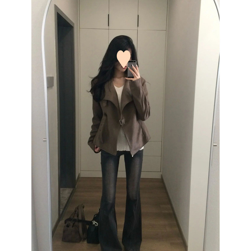 レトロストリートスタイルメイラードラペルジャケットトップ女性のための 2025 春の新しい甘いクールなハンサムなレザージャケット|undefined