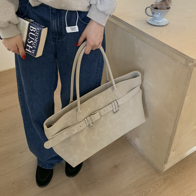 麂皮绒磨砂上班通勤包女式2025新款秋冬百搭复古大容量单肩托特包|undefined