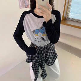 韩系设计感小马卡通图案撞色长袖针织衫女夏季新款防晒外罩衫T恤