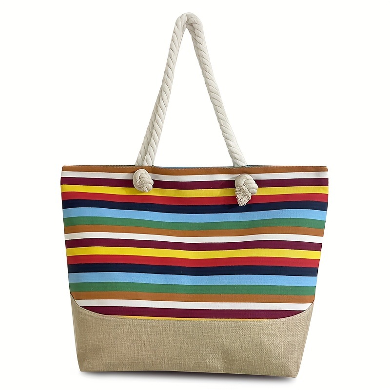 Arco iris rayas de gran capacidad tote bag cordón de cáñamo correa de hombro costera bolsa de compras de vacaciones