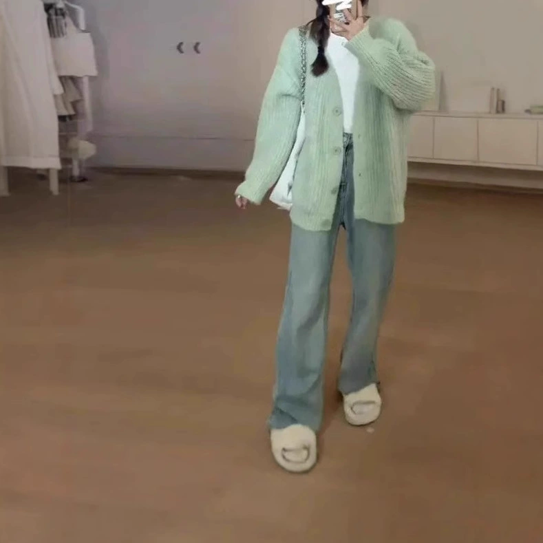 Трансграничный французский ленивый ветер трикотажный кардиган зеленый пальто женский осень зима новый корейский свободный топ пальто