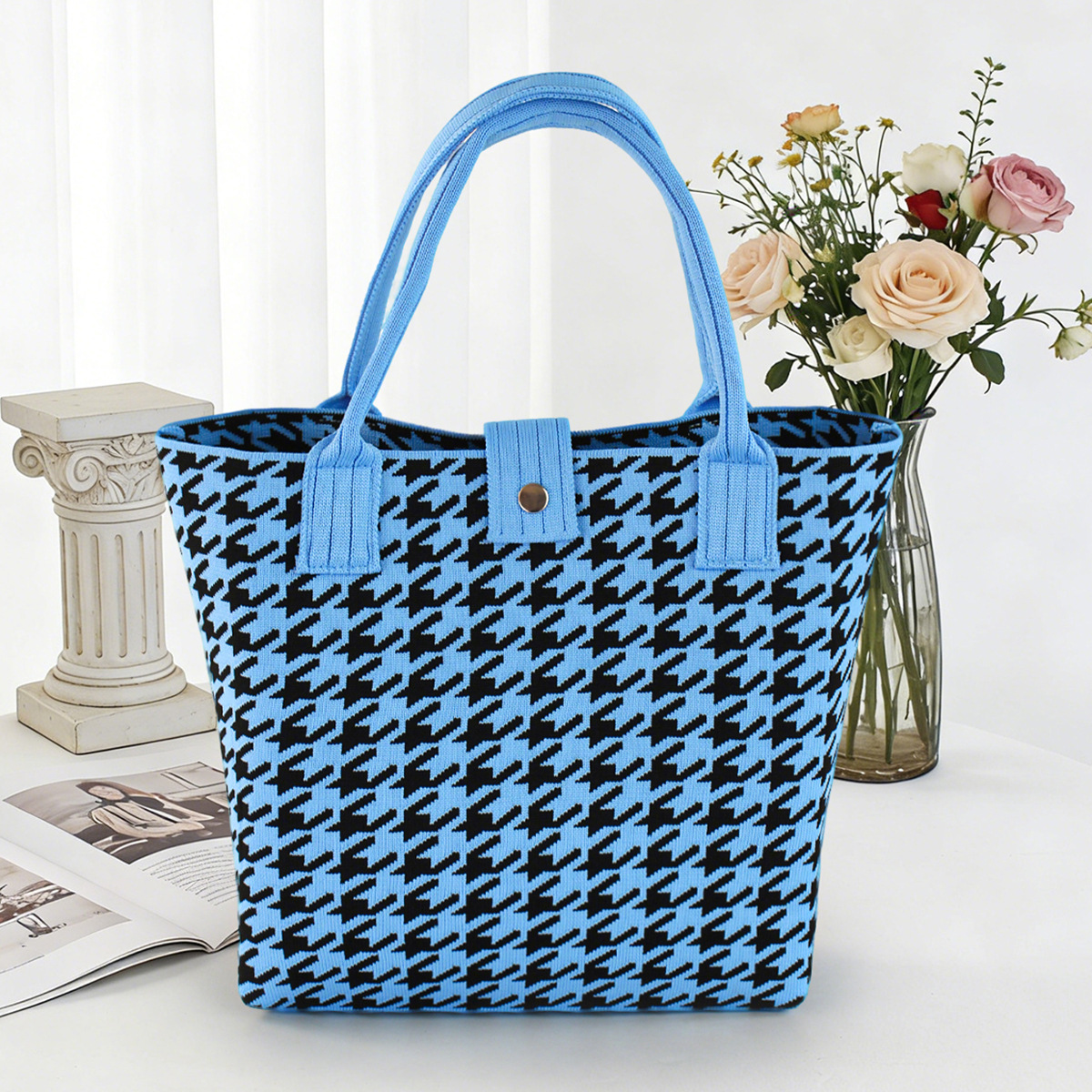 Bolso de tejido coreano de gran capacidad de transporte de moda de mil pájaros bolsos de mano casuales versátiles bolsos de bento image 14