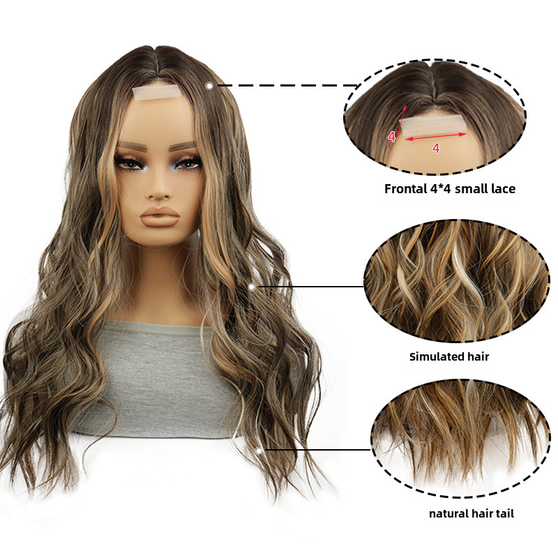 Highlights brown big wave wig women's small lace long curly hair chemical fiber full head cover_voghion.com