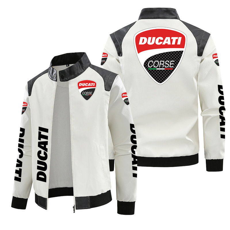 [European code fleece-lined] Ducati locomotive standard leather jacket plus size printed autumn and winter jacket pu high-grade men's clip