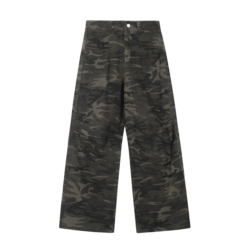 American-Style A-Line Silhouette Distressed Wasteland-Style Camouflage Work Pants, Unisex Flared Wide-Leg Jeans, Wholesale in Stock American-Style A-Line Silhouette Distressed Wasteland-Style Camouflage Work Pants, Unisex Flared Wide-Leg Jeans, Wholesale in Stock