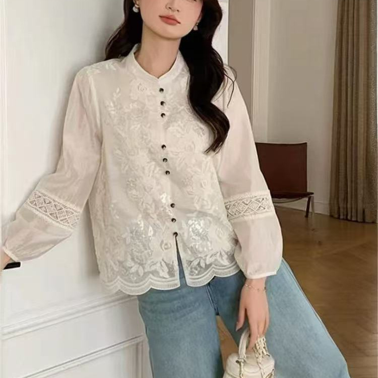 New Chinese-Style National Style Women's Clothing, Heavy Embroidery Floral Long-Sleeve Shirt, New Spring/Summer French-Style Elegant Tencel Shirt