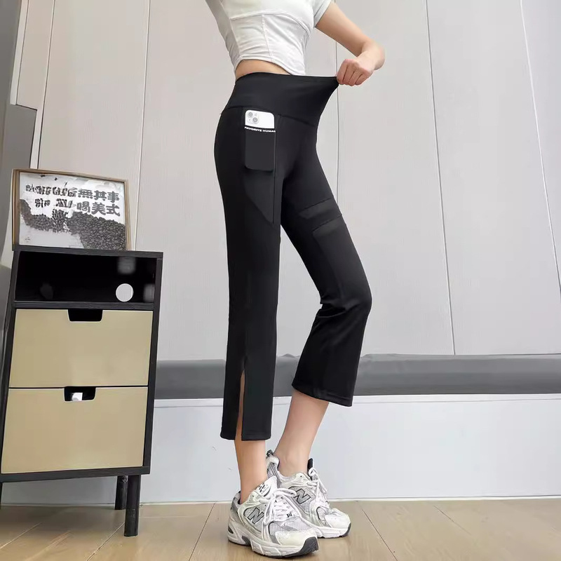 Eight-Point Mesh Slit Straight-Leg Pants 2025 Women's Outerwear Side-Pocket Shark Pants Slimming Yoga Pants High-Elastic Slim Fit