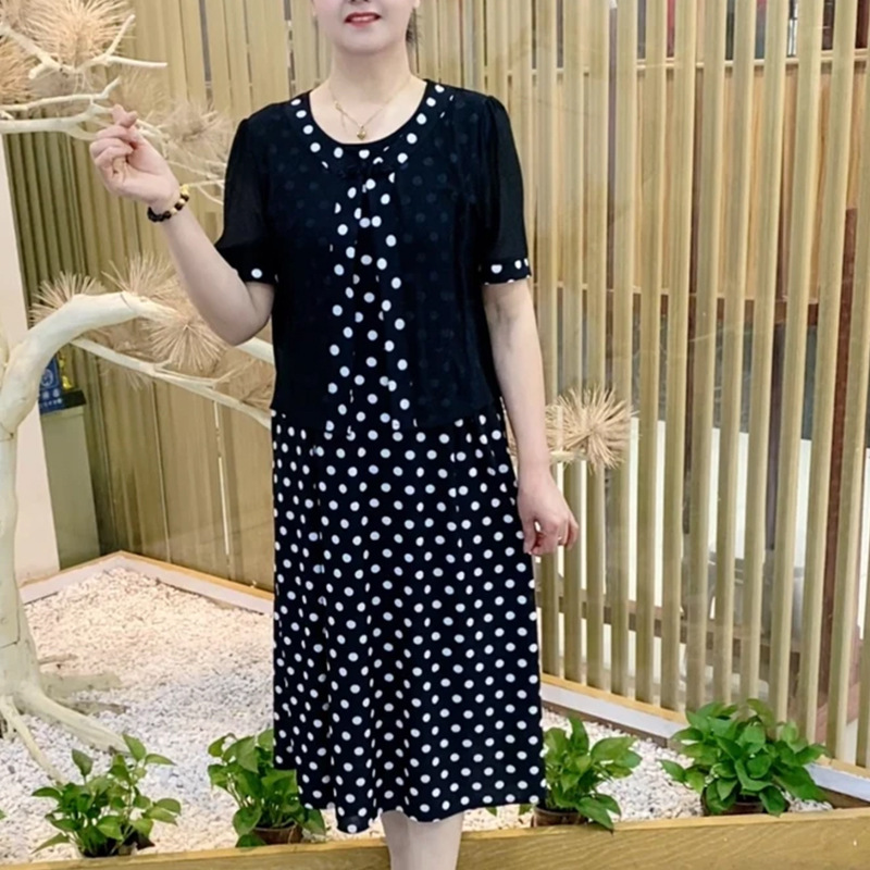女性用フェイクツーピースドレス、夏用スリムロングスカート、大きいサイズ、中高年ママ、水玉半袖スカート、ミドル丈|undefined