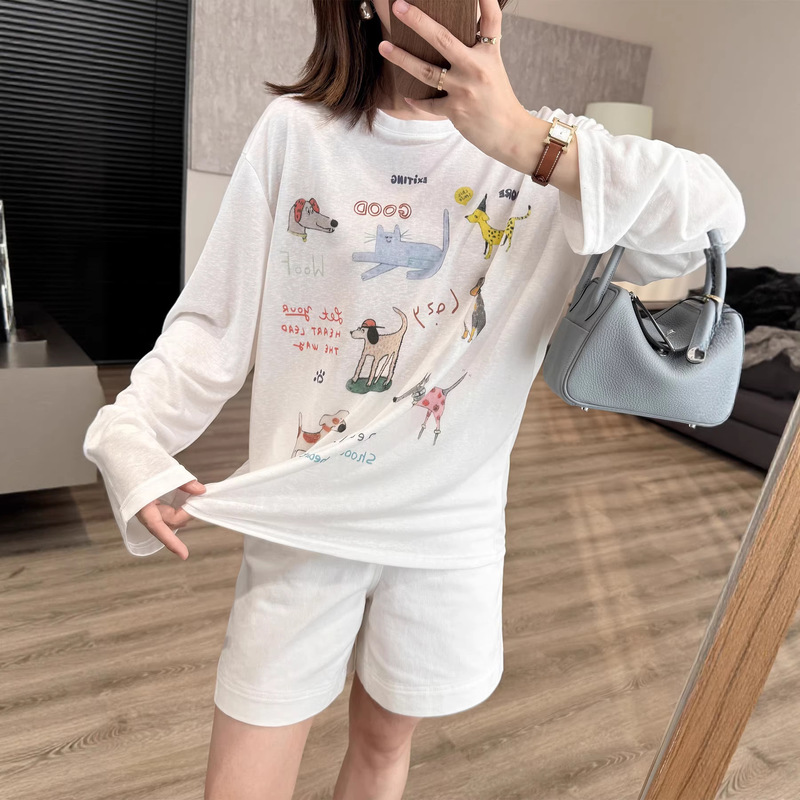 Hand-Painted Puppy Ice-Patterned T-Shirt! Tencel Bamboo Cool-Touch Loose Long-Sleeve Mid-Length White T-Shirt Sun Protection Cover-Up
