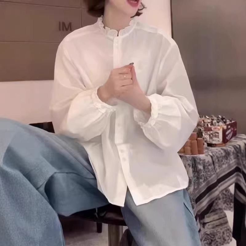 White Lace Collar Long-Sleeve Shirt for Women, 2026 Spring, Plus Size, Simple and Stylish Pure Cotton Blouse, Elegant Top
