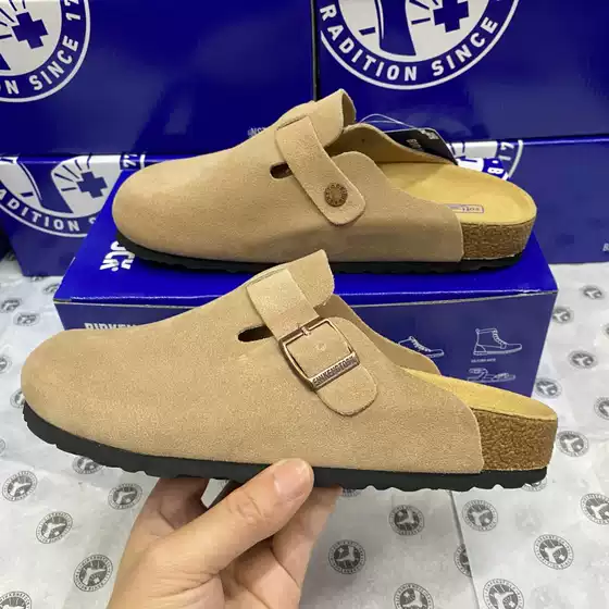 BK Foreign Trade In Stock Genuine Soft Cork Birkenstock Full Leather Half Slippers Unisex Genuine Leather Toe Cap Half Slippers Lazy