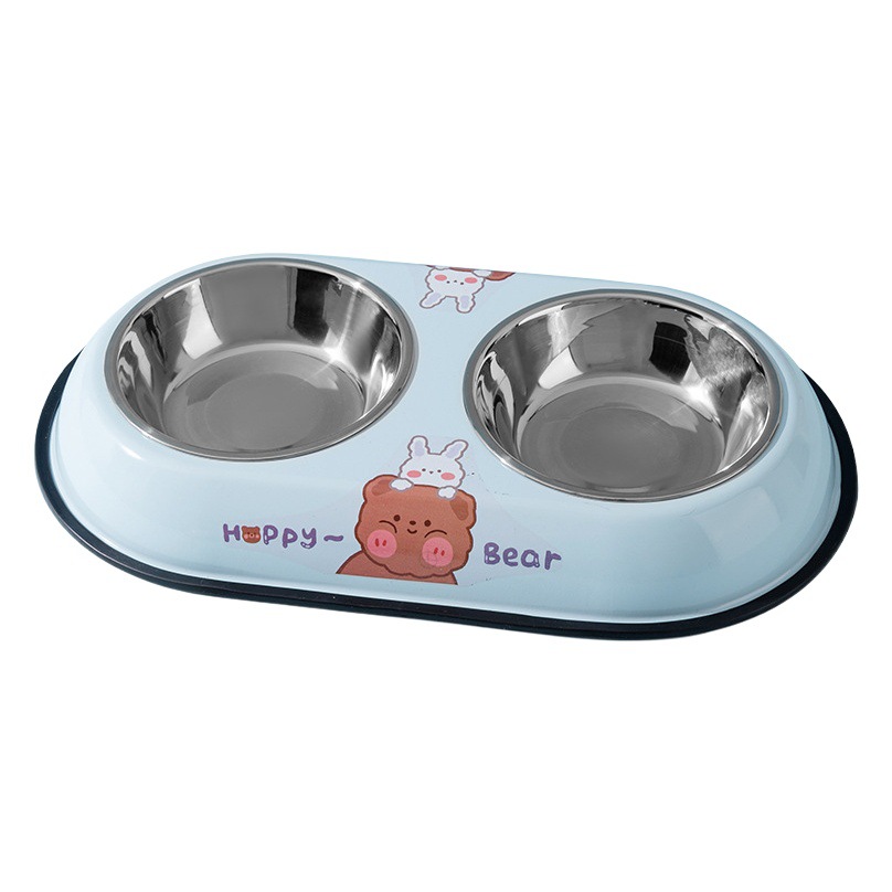 Perro de dibujos animados oso impreso de acero inoxidable doble tazón perro tazón antidetonante gato tazón para mascotas tazón de arroz perro suministros al por mayor