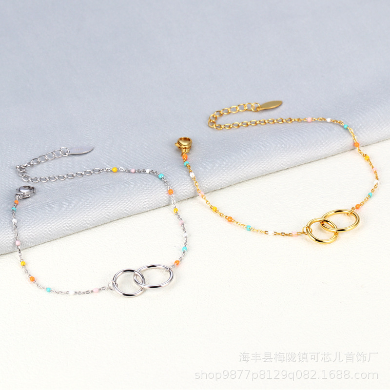 Kexin s925 Sterling Silver Double Ring Oil Dropping Bracelet Women's Friendship Simple Fashion European and American Style Color Internet Celebrity Bracelet Kexin s925 Sterling Silver Double Ring Oil Dropping Bracelet Women's Friendship Simple Fashion European and American Style Color Internet Celebrity Bracelet