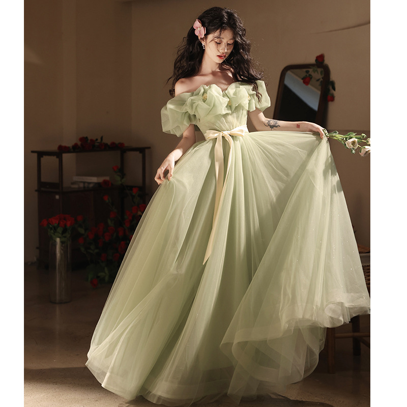Off-shoulder Evening Dress High-end Light Luxury Niche Atmosphere Host Annual Meeting dress Students Art Test Performance Green