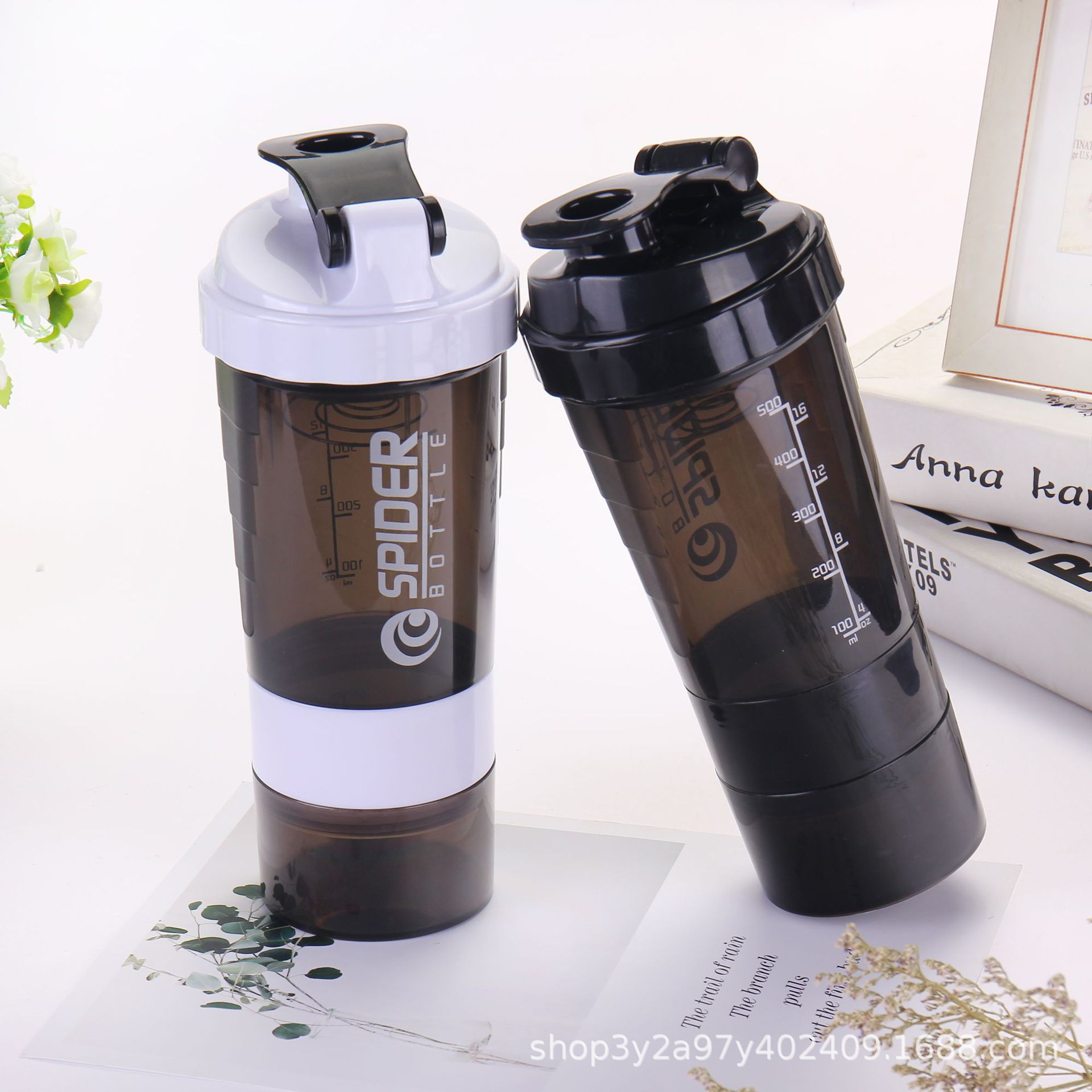 resortes de tres capas shaker taza de musculación deportiva al aire libre taza de batido de proteína de polvo de mezcla taza de plástico taza de agua